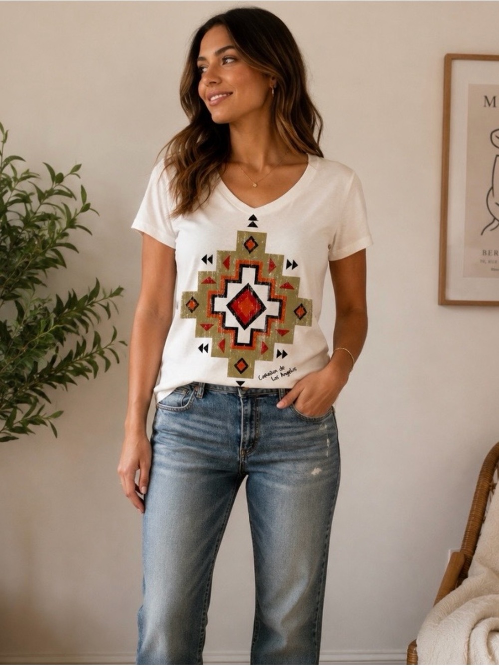 Women's White Graphic V-Neck Tee with Southwestern Print 100% Cotton